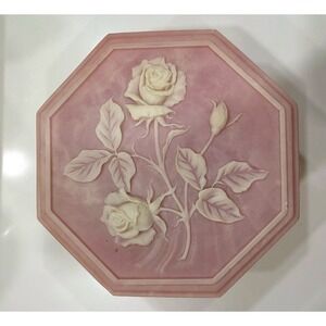 Vintage 1974 Design Gifts International Pink Faux Stone Rose Trinket Box Octagon